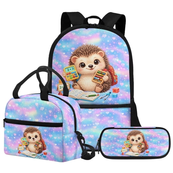 Psesaysky Cute Hedgehog Girls Backpack with Lunch Box Set 17 Inch Elementary Middle School Backpack Lunchbox Pencil Case with Adjustable Strap 3 In 1 Backpacks for Hiking Travel