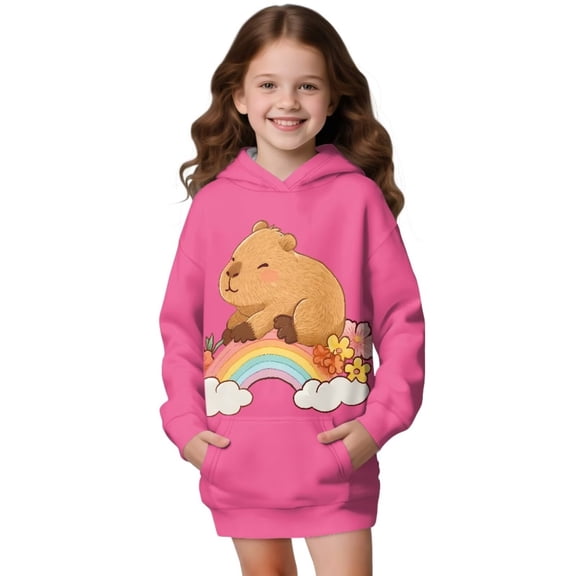 Psesaysky Cute Hoodies for Teen Girls Trendy Cute Capybara Rainbow Print Preppy Hooded Sweatshirts Oversized Long Sleeve Hoodie Dress Clothes for Girls for 13-14 Years
