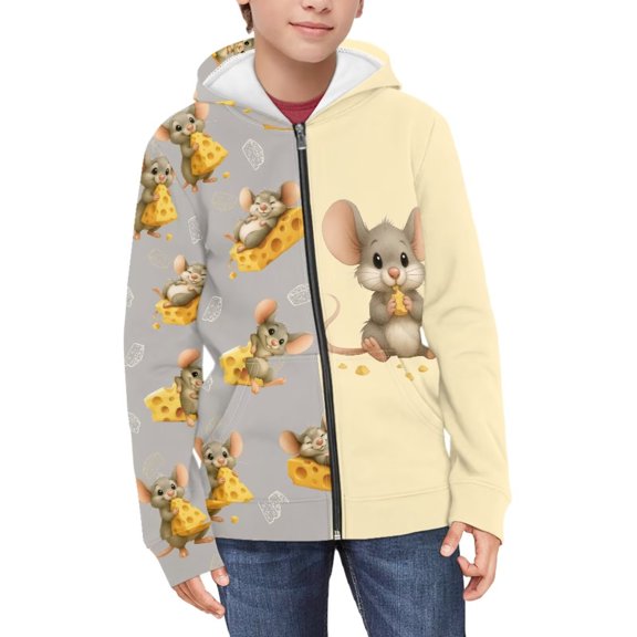 Psesaysky Cute Mouse Cheese Print Hoodies for Girls Casual Soft Cute Zip Up Hoodie with Pockets Hooded Sweatshirts Kids Warm Jackets Winter Coat 11-13 Years