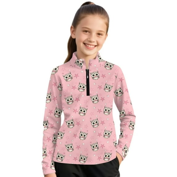 Psesaysky Cute Owls Print Girls Long Sleeve Shirts Quarter Zip Pullover Quick Dry Athletic Shirts Kids Basic Tees Workout Yoga Tops Active Clothes for Teens 6-7 Years