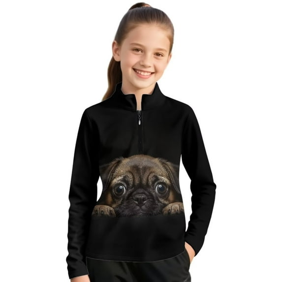 Psesaysky Cute Pug Print Girls Long Sleeve Fleece Sweathirts Trendy Half Zipper Pullovers Athletic Thermal Coat for Golf Running 12-13 Years