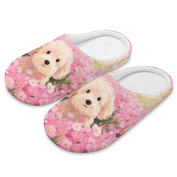 Psesaysky Cute Puppy Flower Print Slippers for Women Memory Foam House Bedroom Soft Closed Toe Indoor Slippers Trendy Gift for Womens Anti-Skid Sole, Size 12-13