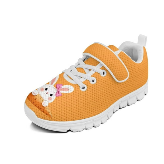 Psesaysky Cute Rabbits Like Carrots Velcro Sneakers for Little Girls Non Slip Comfortable Orange Walking Shoes for School Easy to Wear Size 11-15