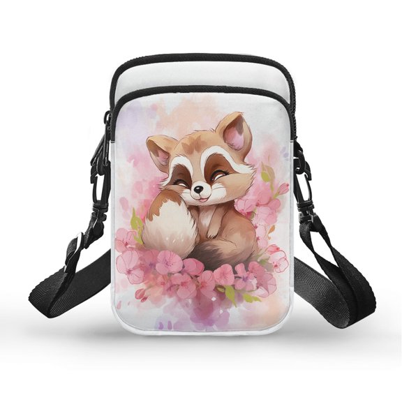Psesaysky Cute Raccoon Pink Floral Crossbody Cell Phone Purse, Adjustable Strap Mini Messenger Bag for Outdoor Daily Commute