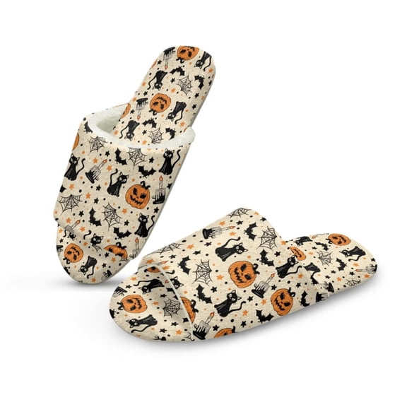 POLERO Black Cat Pumpkin Bat Print Winter House Slippers for Women Men, Lightweight Fabric Casual Cotton Slide, Halloween Non-Slip Open Toe Home Shoes, Indoor and Outdoor, Size 9-10