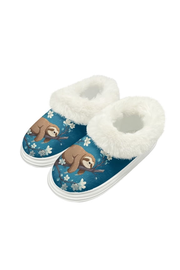 Cute Sloth Print Warm House Slippers for Women Comfy Fleece Lined Fuzzy Slippers with Thick Sole for Indoor Outdoor, Size 4-5