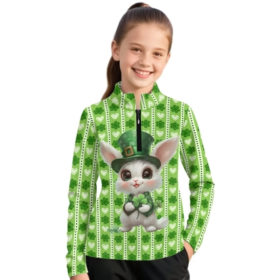 Psesaysky Cute St. Patrick Rabbit Print Girls Half Zip Sweatshirt Cropped Pullover Hoodies Long Sleeve Zipper Sweatshirt Fall Winter Tops Athletic Thermal Coat 12-13 Years