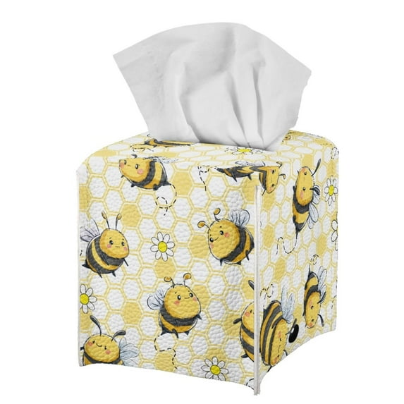 Psesaysky Decorative Tissue Box Cover Square, Waterproof PU Leather Car Tissue Holder with Cartoon Bees Facial Napkin Organizer on Table and Bathroom, Office