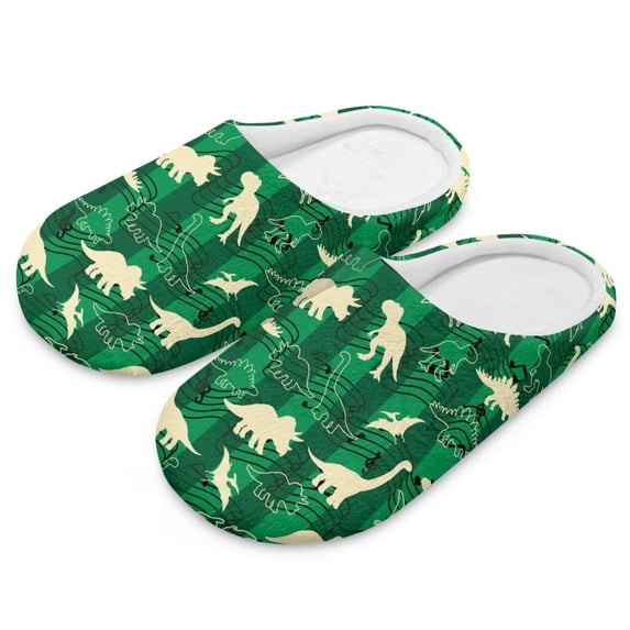 Psesaysky Dinosaurs Green Print Closed Toe House Slippers for Woman Men Soft Cotton Indoor Slippers Comfortable Slip On Bedroom Shoes, Size 12-13