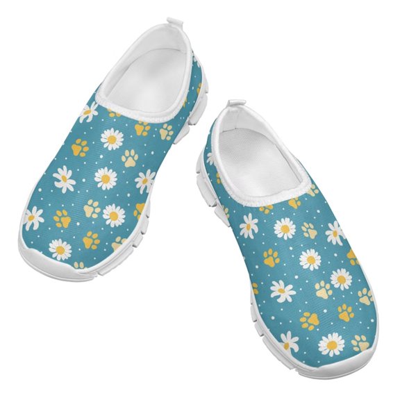Psesaysky Dog Paw Daisy Print Casual Shoes Walking Shoes for Little Girls Breathable Comfortable Loafers Size 11-15