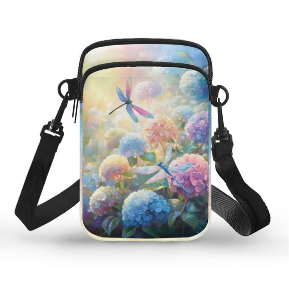 Psesaysky Double Layer Mini Phone Purse, Polyester with Adjustable Strap Cross Body Bag for Ladies Travel Shopping, Hydrangea Dragonfly Print