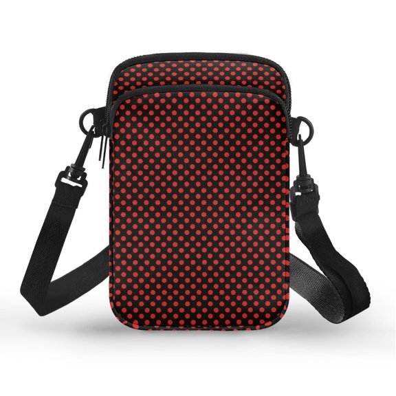 Psesaysky Double Layer over Shoulder Bag for Travel Hiking, Polyester with Adjustable Strap Mini Crossbody Cellphone Bag, Red Polka Dot Print