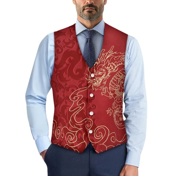 Psesaysky Dragon Pattern Casual Waistcoat Vest Woven Fabric Button Down Slim Fit Mens Suit Vest for Business Formal