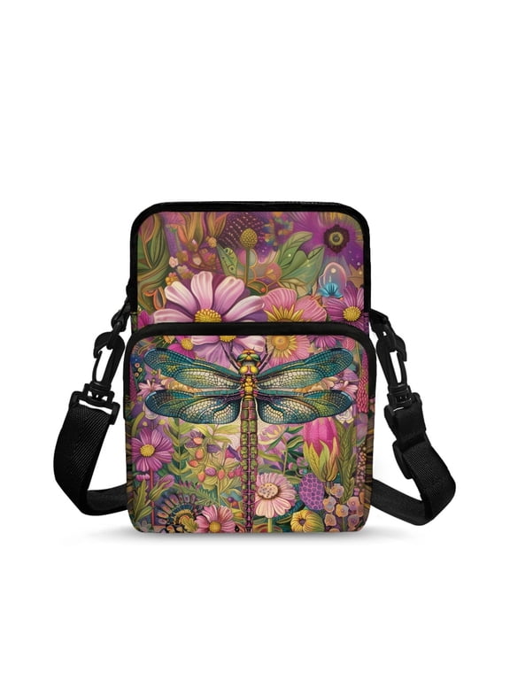 Dragonfly Floral Pattern Crossbody Bags Polyester Crossbody Purse for Women, Lightweight 2 Zippers Satchel Sling Bags