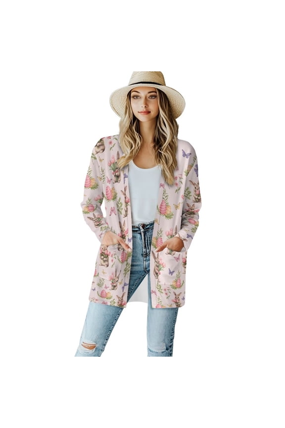 Easter Bunny Eggs Butterfly Pink Cardigan Open Front Cardigans Long Sleeve Sweater Outwear Fashion Casual Loose Cardigan with Pockets