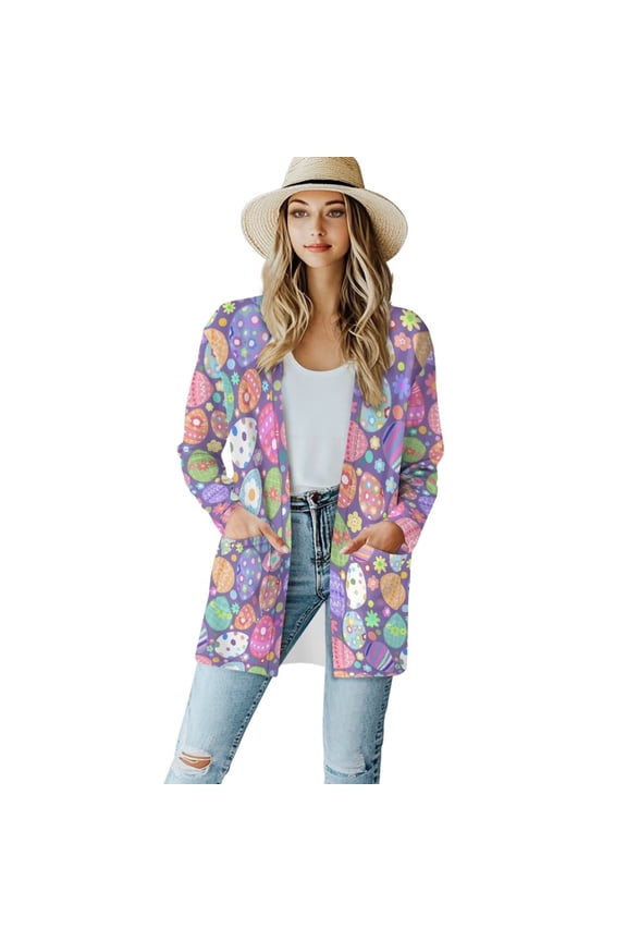 Easter Purple Eggs Floral Cardigans Open Front Long Sleeve Cardigan Sweater Spring Fall Winter Outwear Jacket Coat Tops with Pockets for Women
