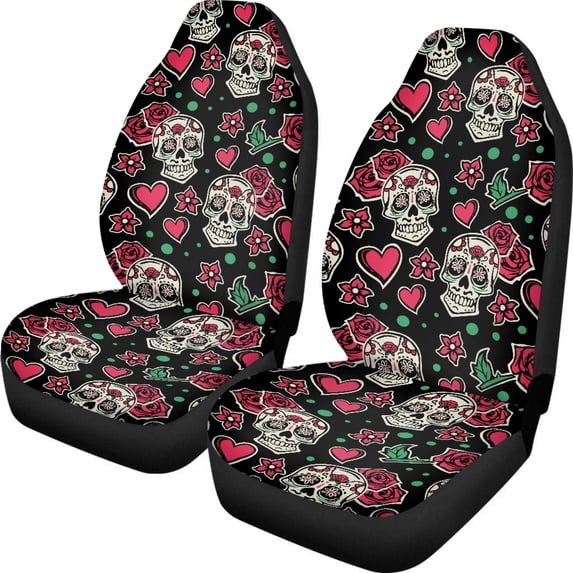 Psesaysky Easy to Install Car Seat Cover Decor Protector for Sedan, Washable Comfortable Front Seat Cover Polyester Fabric Full Set of 2PCS, Sugar Skull & Rose Print with Heart Accents