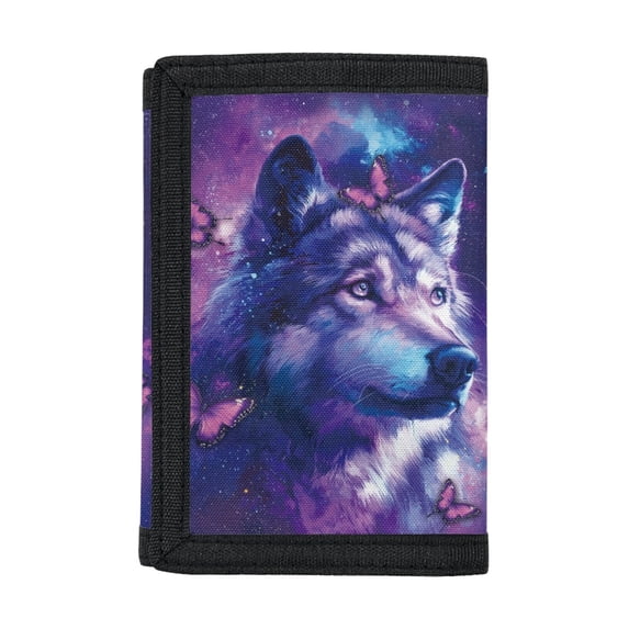 Psesaysky Elastic Polyester Toddler Wallet with Secure Slim Kids Trifold Wallet for Sports, Galaxy Wolf Pattern Trifold Card Wallet