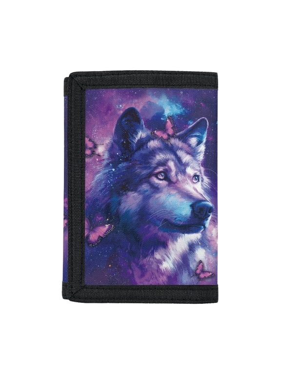 Elastic Polyester Toddler Wallet with Secure Slim Kids Trifold Wallet for Sports, Galaxy Wolf Pattern Trifold Card Wallet