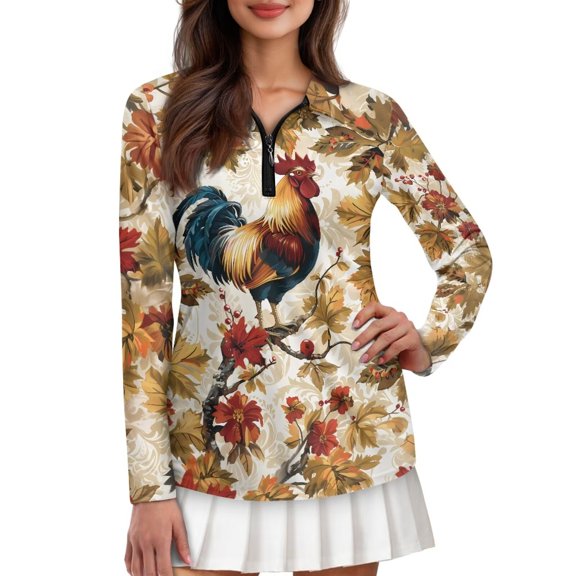 Psesaysky Elegant Rooster Women's Golf Polo Shirts Long Sleeve Workout Tops V Neck UPF 50+ Sun Protection Quick Dry Lightweight Active Shirts Comfortable Sportswear for Tennis, Hiking,XS