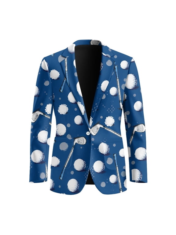 Elegant Sport Coat, Golf Clubs & Balls Pattern Polyester Lightweight Suit Jacket for Casual Prom