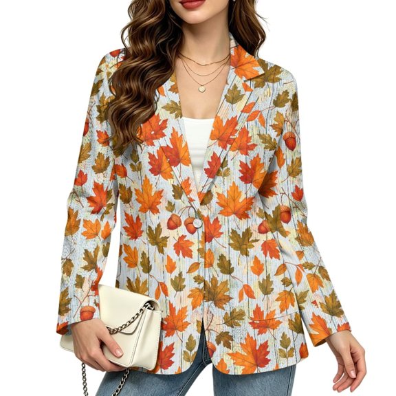 Psesaysky Fall Maple Leaves Plus Size Blazers for Women Work Office Suits, Open Front Long Sleeve Business Jackets with Pockets, One Button Slim Fit Casual Blazer Coat, Lightweight Trendy Outerwear
