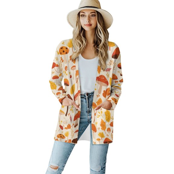 Psesaysky Fall Mushroom Women's Cardigan Casual Lightweight Long Sleeve Drape Open Front Loose Fall Cardigans Dusters Flowy Long Tops for Girls with Pockets