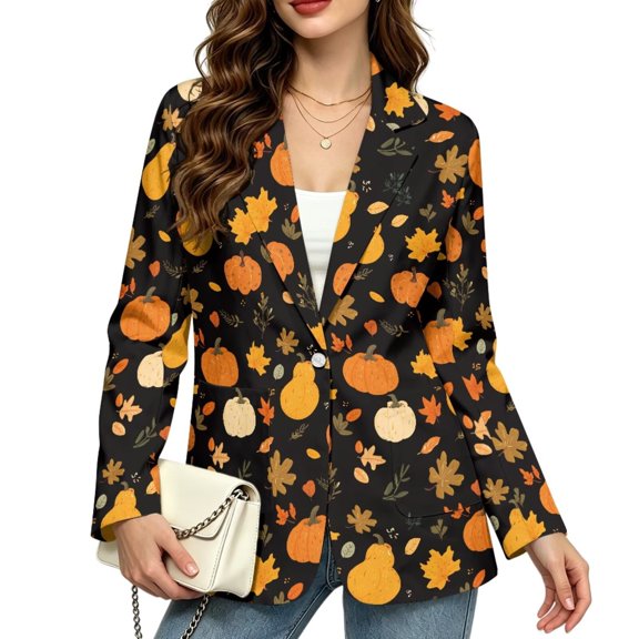 Psesaysky Fall Pumpkin Maple Leaf Blazers for Women One Button Work Office Suits Open Front Long Sleeve Casual Business Jackets with Pockets, Plus Size Slim Fit Oversized Fall Winter Suit Jackets