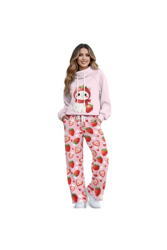 Fall Sweatsuits Women 2 Piece Outfit Lounge Sets Cute Strawberry Cat Print Matching Airport Oversized Sweatshirt Wide Leg Sweatpants Tracksuit, Size XL