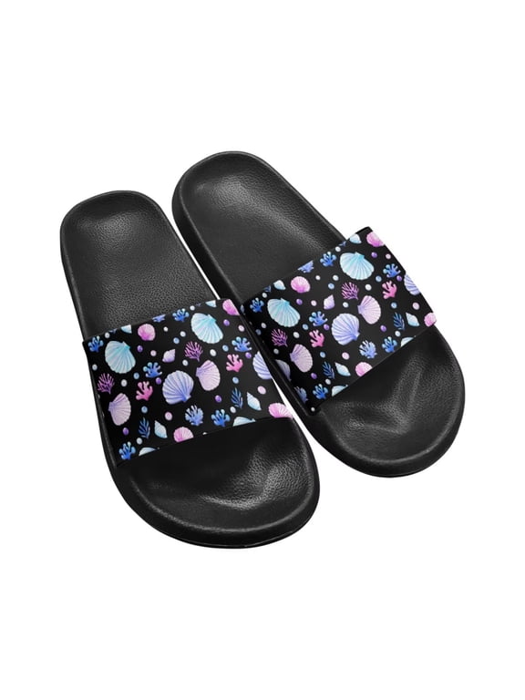 Fashion Slide Sandals with Beautiful Pearl Shell Essential Comfort Beach Sandals for Women Big Girls Non-Slip House Slippers Black Sole Size 6