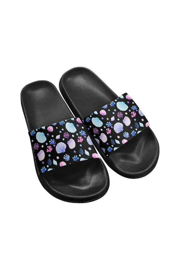 Fashion Slide Sandals with Beautiful Pearl Shell Essential Comfort Beach Sandals for Women Big Girls Non-Slip House Slippers Black Sole Size 7.5