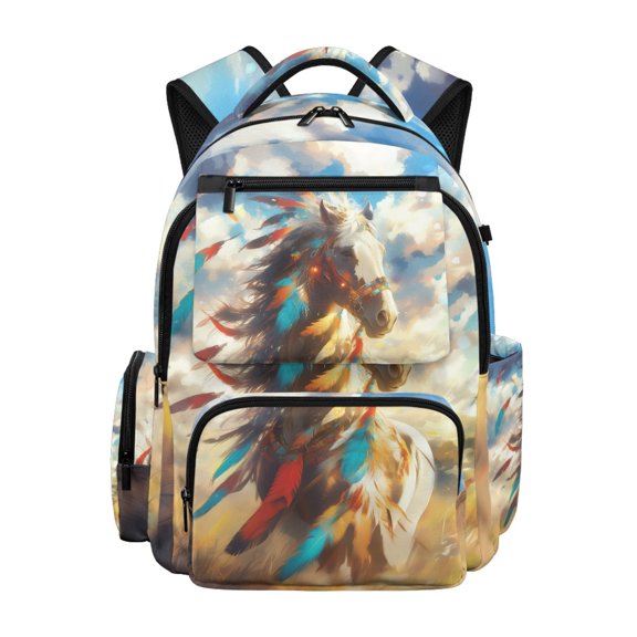 Psesaysky Feathered War Horse Pattern Book Bag with Adjustable Shoulder Strap, multi-tasche Lightweight 17 Inch Daypack for School Primary School