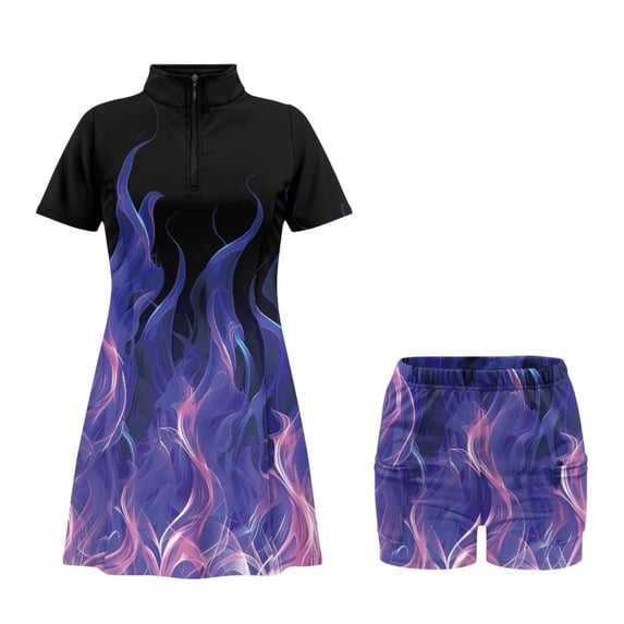 Psesaysky Fire Flame Golf Tennis Dress for Women with Built in Shorts Short Sleeve Workout Athletic Pleated Dresses with Pockets for Women Summer Midi A Line Sundress