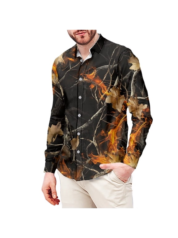 Flame Leaf Hunting Camouflage Mens Dress Shirt Long Sleeve Casual T-Shirts Button Down Tee Tops Comfortable Athletic T-Shirts for Men