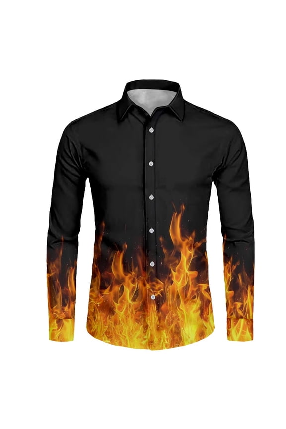 Flame Print Dry-Fit Shirts for Men Long Sleeve Blouse Top Casual Button Down Blouse Shirts Dry-Fit Comfy Shirt with Soft Fabric Mens Athletic Tee Tops