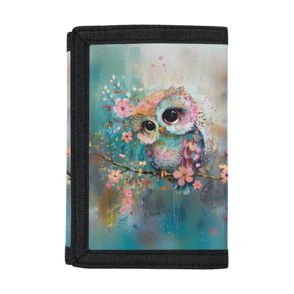 Psesaysky Floral Owl Youth Wallet for Sports, Polyester Slim Card Wallet with Zipper Closure, Wear-resistant Trifold for Travel