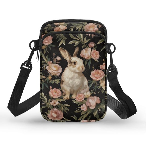 Psesaysky Floral Rabbit Small Purse Crossbody, Casual Polyester Zipper Cell Phone Purse for Women with Adjustable Strap for Shop and Travel