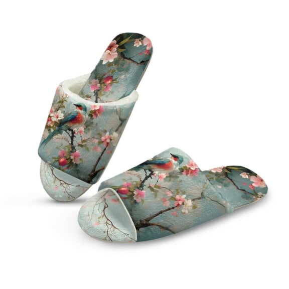 Psesaysky Flower Bird Print Slippers for Women Japanese Style House Slippers Indoor Lightweight Open Toe Bathroom Slides Soft Sole Sandals for Home Use, Size 7.5-8.5
