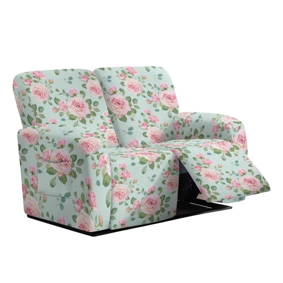 Psesaysky Flowers Pattern Art Flowers Loveseat Recliner Cover Elastic Bottom Recliner Chair Cover Polyester Fabric Washable Pink Pink
