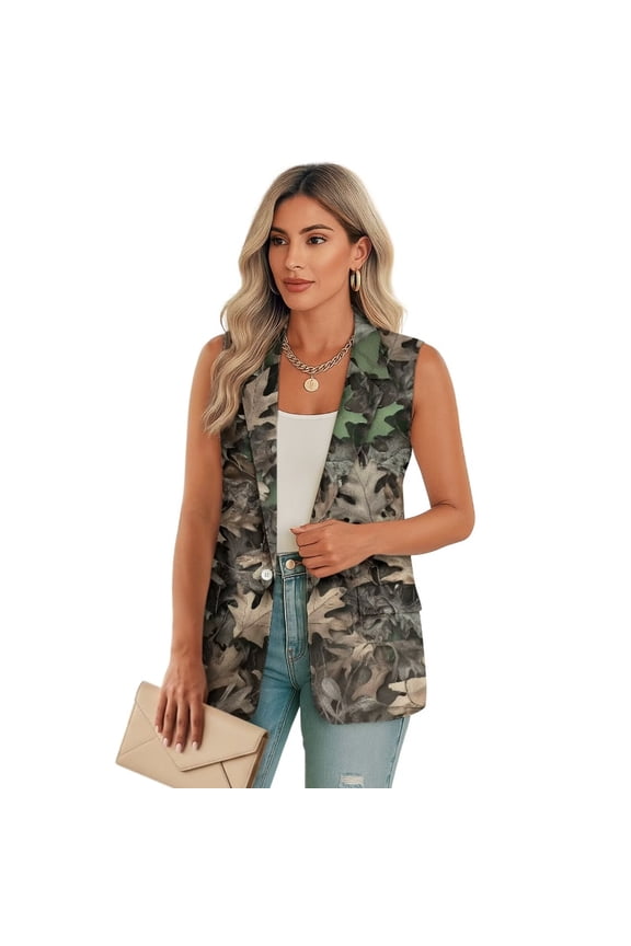 Forest Hunting Leaves Print Women Sleeveless Waistcoat Blazers Trendy Lightweight Lapel Collar Vest Coat with 2 Pockets, Size XL