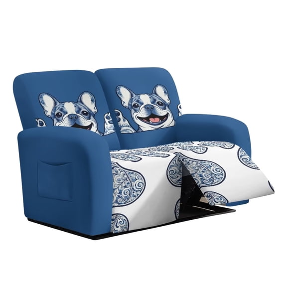 Psesaysky French Bulldog Floral Print Waterproof Loveseat Recliner Cover Elastic Hem Recliner Sofa Cover Pet Friendly