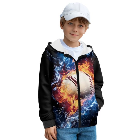 Psesaysky Full Zip Up Cropped Hoodies for Boys Baseball Water Fire Print Teen Cozy Long Sleeve Full-Zip Sweatshirts Jackets with Pockets, Size M