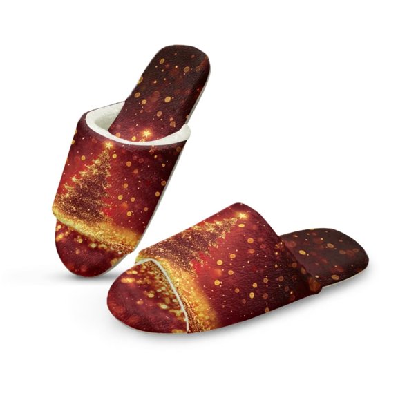POLERO Soft Indoor Open Toe Cotton Slippers Non-slip Sole Lightweight Christmas Tree Print House Slippers Home Shoes, Size 12-13