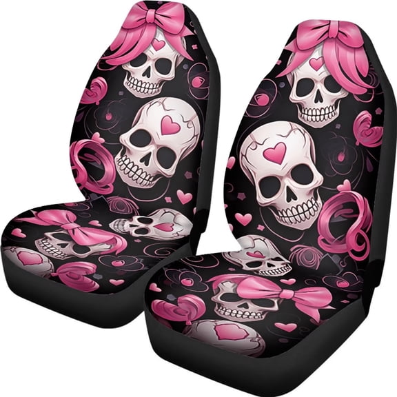 Psesaysky Funny Pink Skull Pattern Auto Seat Covers Front Seats 2 Piece Soft Stretchy Fabric Seat Bench Covers Universal Car Interior Protection Set