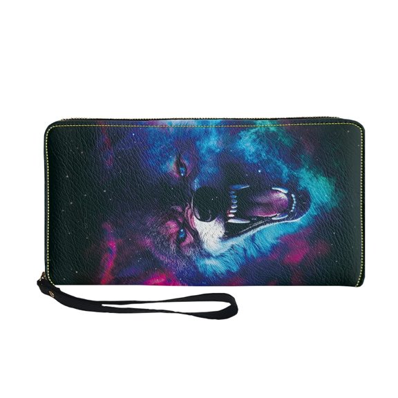 Psesaysky Galaxy Wolf Wrist Strap Long Purse for Travel Shopping Dating, PU Leather Zip Around Credit Card Holder Purse