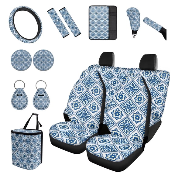 Psesaysky Geometric Floral Car Accessories 15 Pack Set Tribal Universal Car Front Rear Seats Covers Sets with Gear Shift Cover, Handbrake Protector, Coaster Automobile Interior Decorations