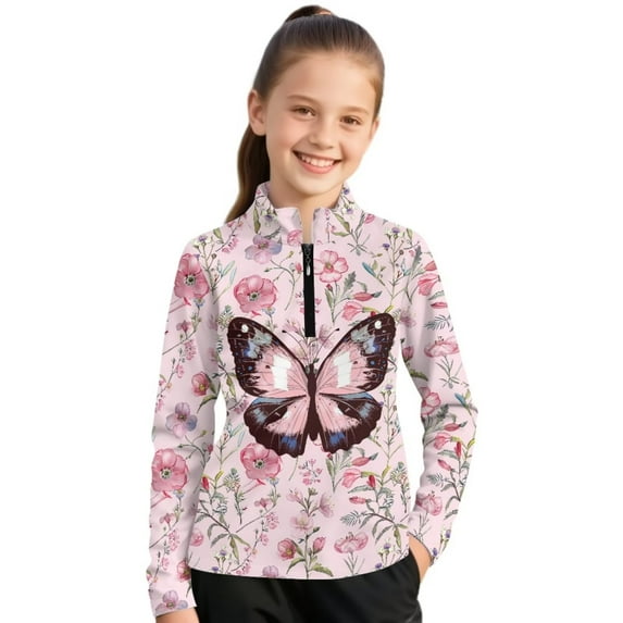 Psesaysky Girl's Pink Butterfly Flower Graphic Print Preppy Cute Sweatshirts Long Sleeve Drop Shoulder Half Zipper Pullovers Athletic Thermal Coat 12-13 Years