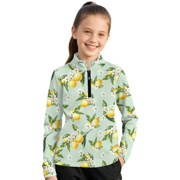 Psesaysky Girl's Yellow Lemon Flower Graphic Print Preppy Cute Sweatshirts Long Sleeve Drop Shoulder Half Zipper Pullovers Athletic Thermal Coat 8-9 Years