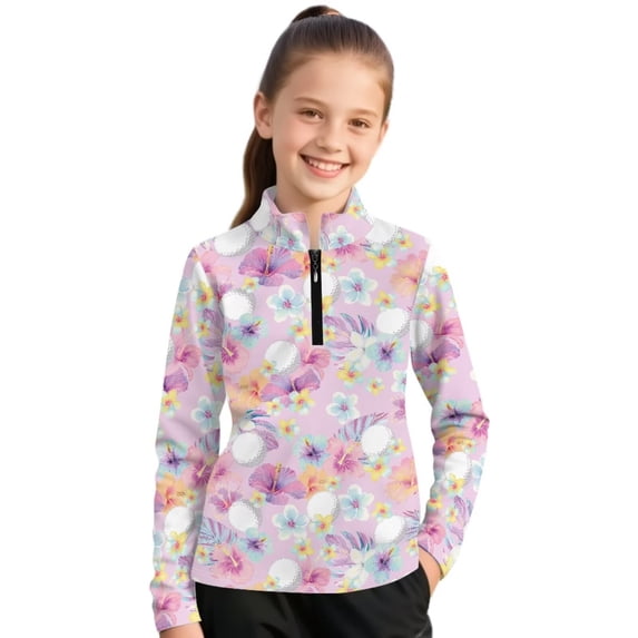 Psesaysky Girls' 1/4 Zipper Sweatshirts Golf Flower Print Casual Breathable Long Sleeve Pullover Tops Cute Half Zipper Hoodie Sweater Athletic Shirts 10-11 Years