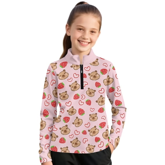 Psesaysky Girls' 1/4 Zipper Sweatshirts Kawaii Capybara Strawberry Print Casual Breathable Long Sleeve Pullover Tops Cute Half Zipper Hoodie Sweater Athletic Shirts 8-9 Years